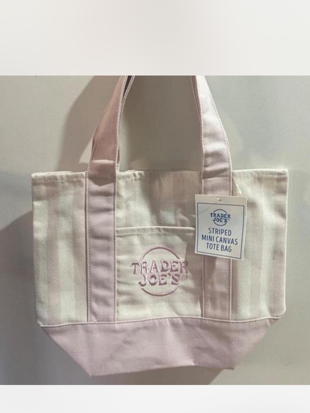 Trader Joe’s Striped Mini Canvas Tote Bag- pink, green, cream - Picture 3 of 3